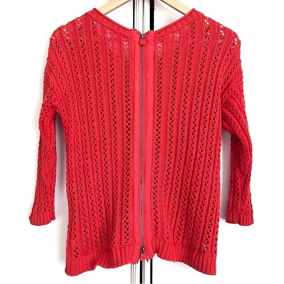 Anthropologie Moth Orange Crochet Knit Sweater Back Zip 3/4 Sleeves Size Small‎ - Picture 4 of 8